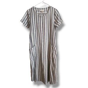 Final Touch blue grey Linen midi striped sheath pocket dress w belt sz S comfort